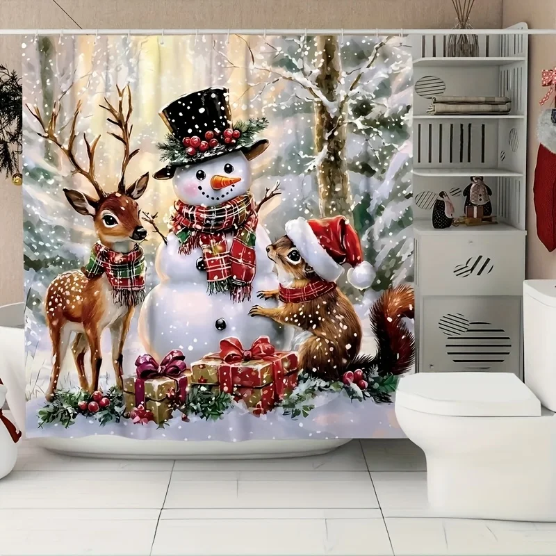 1pc Classic Christmas Style Shower Curtain Featuring Snowmen, Reindeer, Squirrels, Gifts, and Snowflakes, Suitable for Christmas