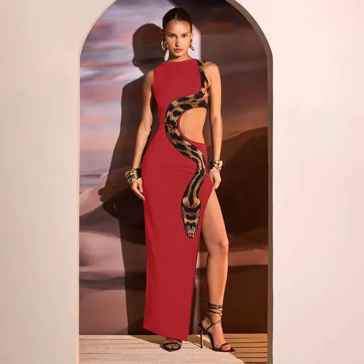 Zeyla Snake Print Sleeveless Cutout Waist High Slit Maxi Dress Slimming Flattering Bodycon Dress for Women Party Evening Wear