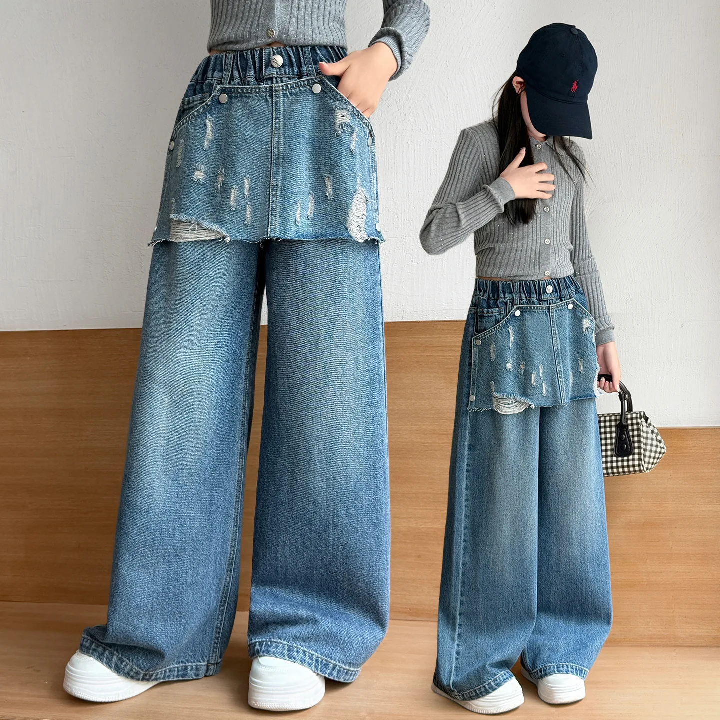 Girls Straight Leg Jeans with Detachable Flounce Korean Style Wide Leg Trousers for Kids Spring Autumn Fashion Child Denim Pants