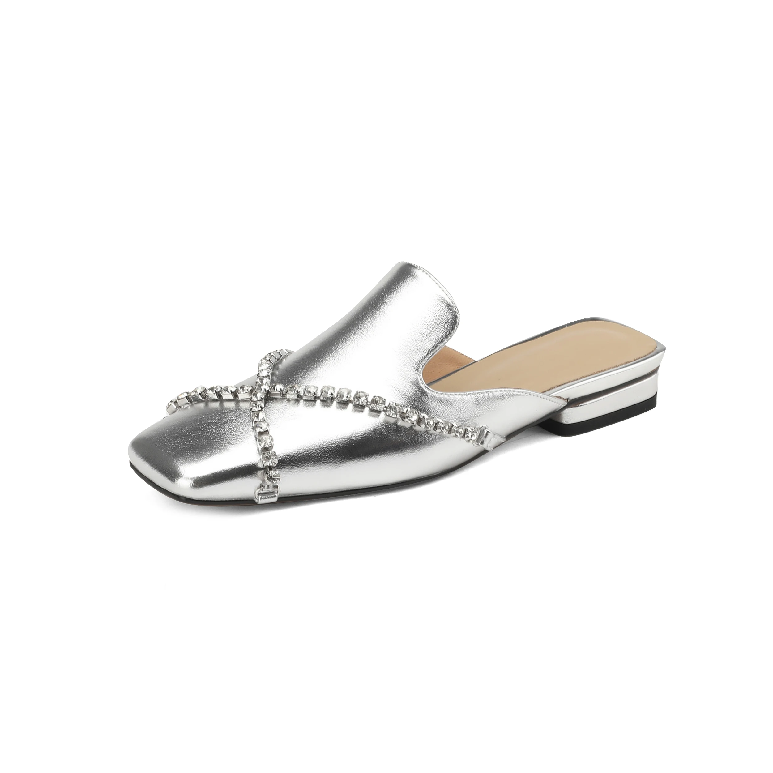 

Handmade Genuine leather women mules shoes Imitation rhinestone sparkling decoration Woman shoes Cover Toe Elegant slipper