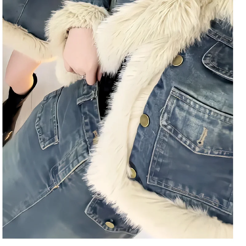 Denim suit women\'s new winter style small fragrance thickened plush short jacket + high waist long and short skirt two-piece set