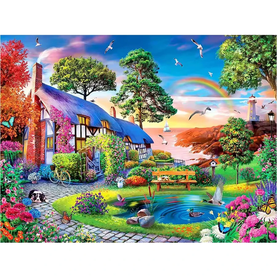 

5D Diamond Painting Villa Garden Pond Courtyard Full Drill Cross Stitch Embroidery Rainbow birds Mosaic handmade Home Decor art