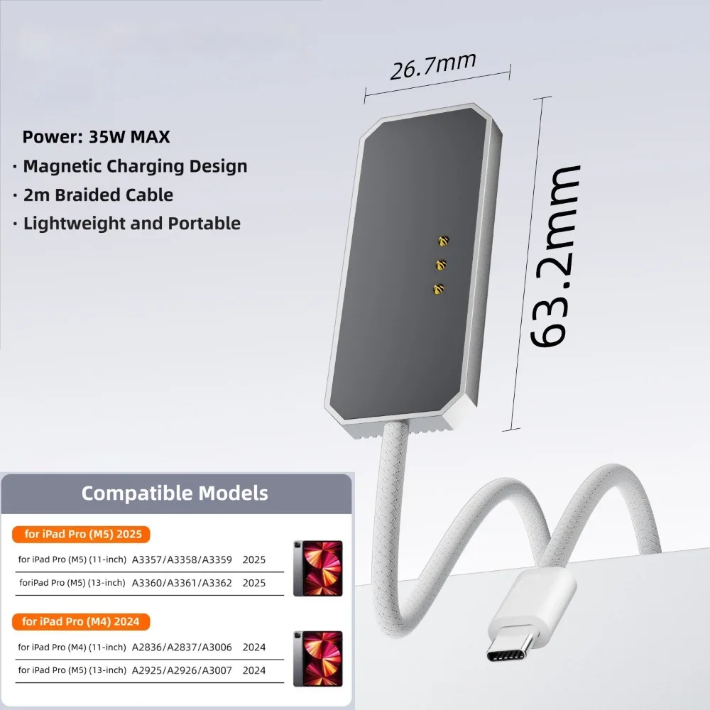 PD 35W Magnetic Charging Cable Overvoltage Protection 200cm Tablet Charger Line for iPad Pro M4/M5 11/13inch 2024/2025