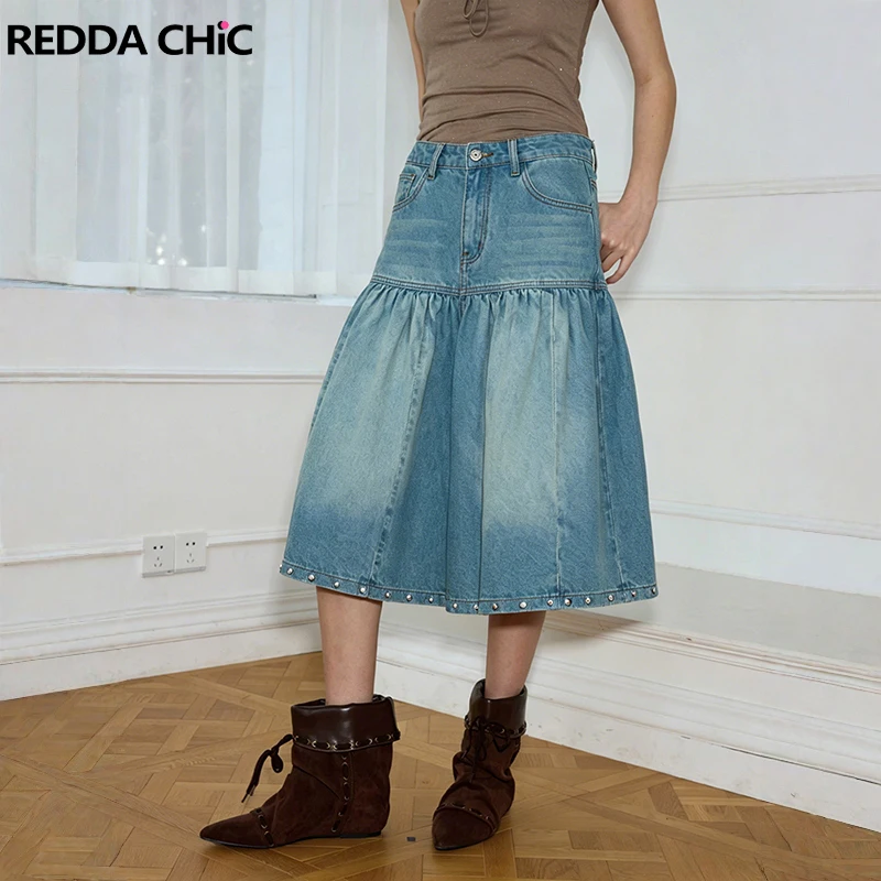 REDDACHiC Pantalones cortos de mezclilla para mujer, estilo coreano retro, de talle alto, con volantes, desgastados, patchwork, holgados, tipo Bermuda, para uso diario informal