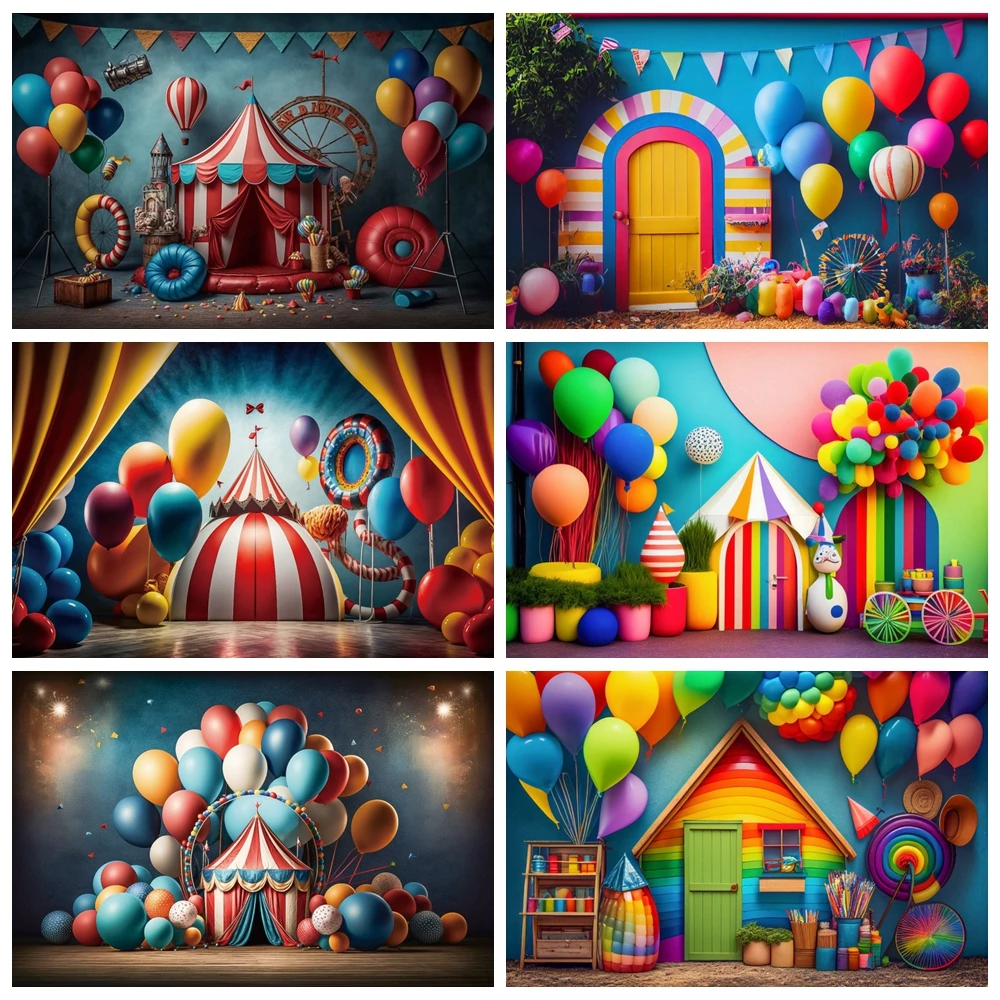 Circus Baby 1st Birthday Party การถ่ายภาพฉากหลังบอลลูนที่มีสีสันสวนสนุก Carousel Carnival พื้นหลัง Photo Studio