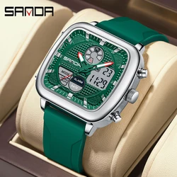 SANDA New Square Electronic Men's Watch Fashion Silicone Strap Multifunctional Waterproof Sports Dual Display Quartz Wristwatch