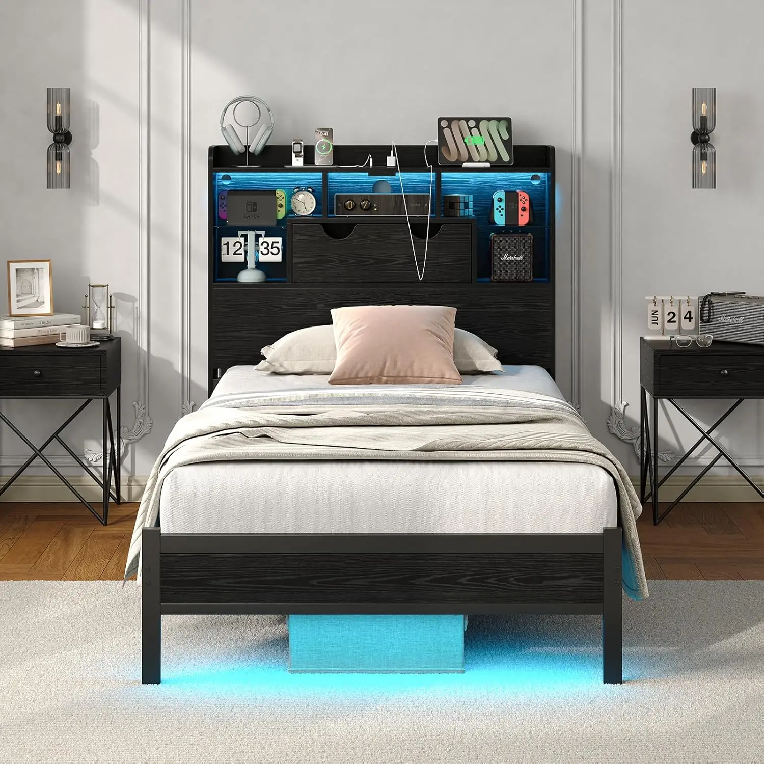 

Металлическая двуспальная кровать RGB LED с зарядной станцией, местом для хранения и изголовьем, для подростков и взрослых, без пружинного блока, бесшумная, на заказ