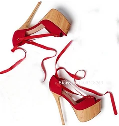 Red Suede Patchwork Wood Heel Sandals Peep Toe Lace-up Cut-out High Platform Stiletto Heel Dress Shoes Party Dress Pumps