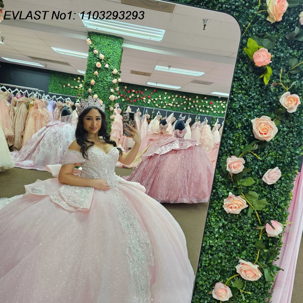 فستان Quinceanera وردي سباركلي مخصص من EVLAST فستان حفلة مزين بالترتر والدانتيل مطرز بالخرز الحلو 16 فيستدوس دي 15 أنوس E1QN674