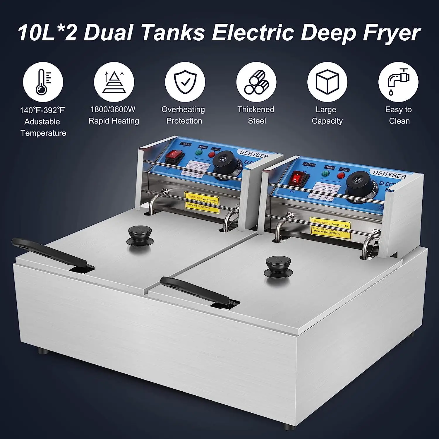 3600W Deep Fryer Commercial Electric Oil Large Area Slag Separator 2*10L Capacity Stainless Steel Double 140-392℉ Adjustable