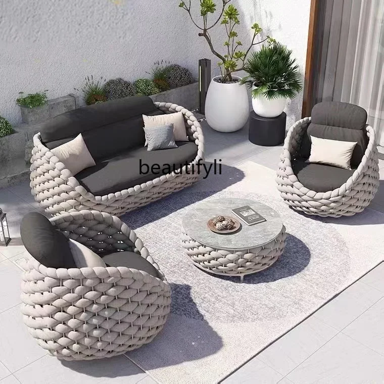 Outdoor Sofa Courtyard Villa Balcony Outdoor Garden Waterproof and Sun Protection Rattan Sofa and Tea Table