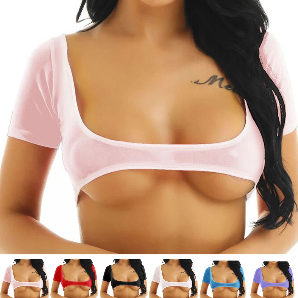 Sexy Porn Woman Costume Mesh See Through Crop Top Sheer Transparent Lingerie Open Bust Short Sleeves T-Shirt Erotic Clubwear