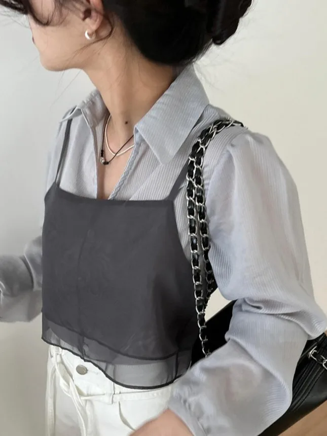 Women's Summer Outerwear Tank Top Double Layer Single Button Mesh Overlap Short Style Fashion Design Korean Version Vest