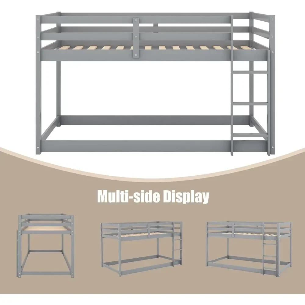 Bunk Beds Twin Over Twin, Floor Bunk Bed w Ladder, Safety Guard Rails, 400LBS Heavy Duty Wooden Twin Bunk Beds