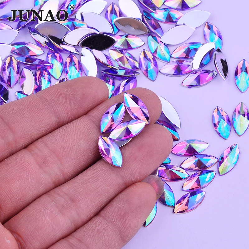 JUNAO 5*10mm Purple AB Horse Eye Acrylic Rhinestone Applique Flatback Decoration Crystal Strass Non Sewing Stone for DIY Crafts