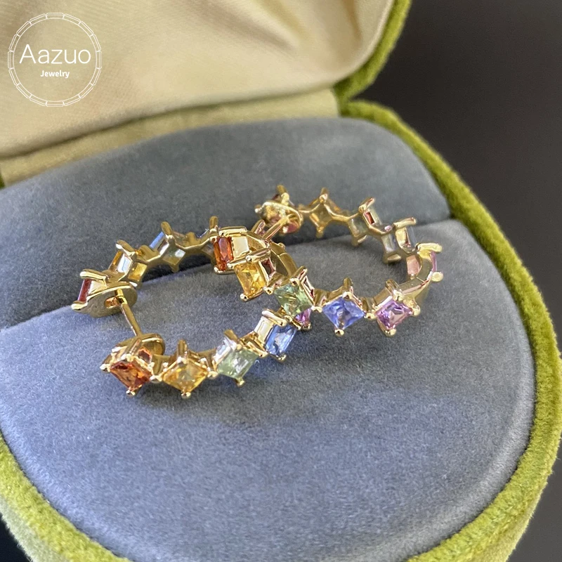 Aazuo ファインジュエリー 高品質 18K ソリッドイエローゴールド 天然サファイア フェアリーラウンドフープイヤリング 女性への誕生日プレゼント Au750