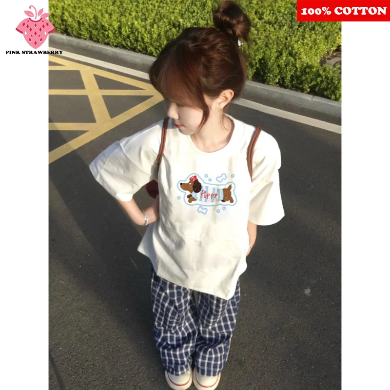 

Cute Sausage Dog Print T-shirt Women's Summer 2025 New 100% Cotton Korean style Short sleeves Tee Casual Y2k Top kawaii clothes