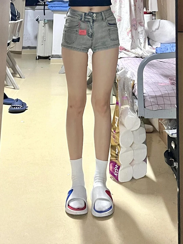 

Retro Straight Leg ort Jeans Women's Spring Low Waist Slimming Elastic Super ort Hot Pants Cleanfit High Waist Zipper