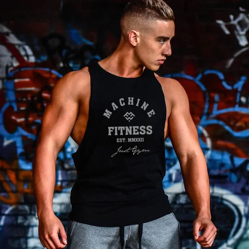

MACHINE FITNESS Mens Gym Tank Tops Bodybuilding Workout Vests Cotton Sleeveless Shirt Jogger Clothing Muscle Stringer Singlets