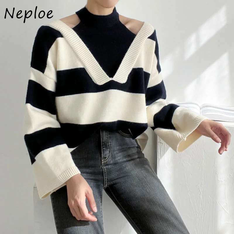 Neploe Halter Off-shoulder Fake Two Piece Pull Femme Autumn Jersey Mujer Jumpers Stripe Contrast Color Long Sleeve Sweater Y2k