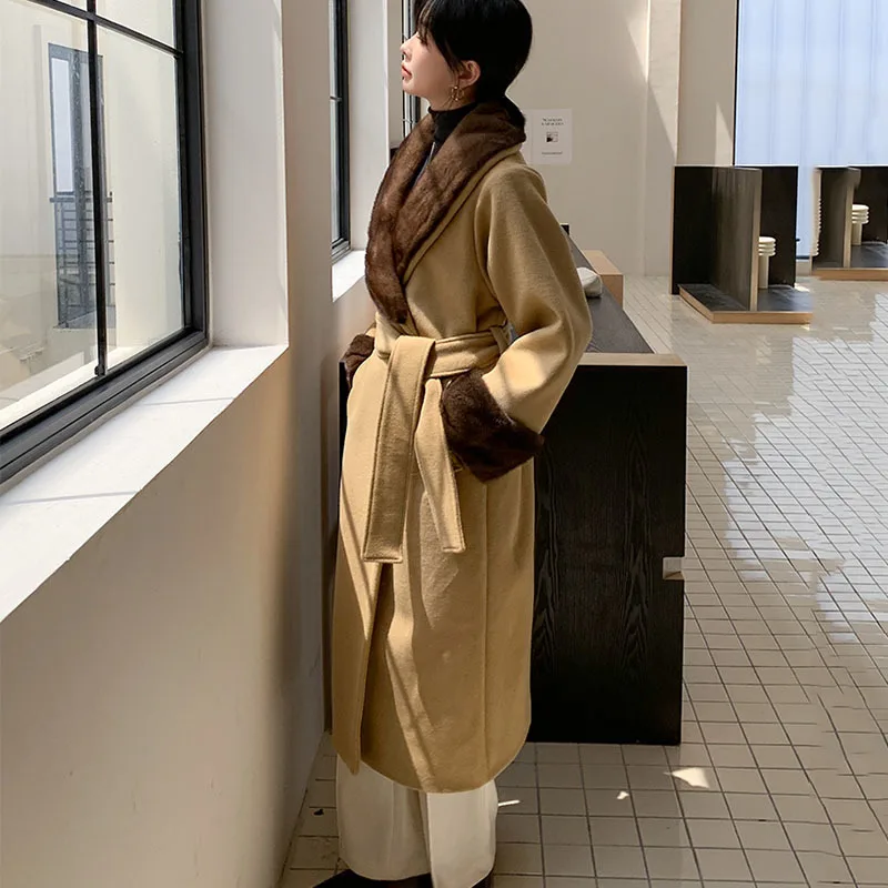 Mink Hair Collar Camel Bathrobe Double sided Wool Coat Women's New Casual Long lapel Belt Slim Fit High Quality Wool Overco