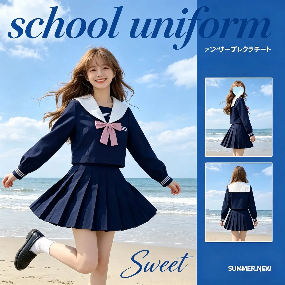 Japanese Orthodox White Collar Cyan Sailor Suit, Sweet  JK School Uniform Middle Suit for Graduation Photo&School Uniform Wear