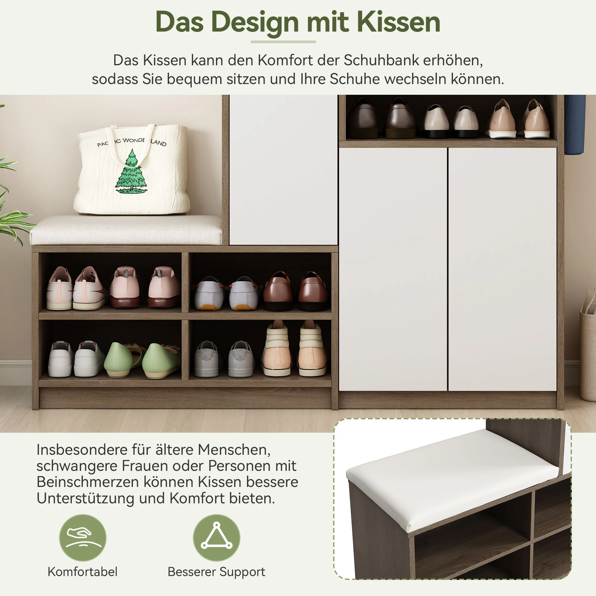 Schuhschrank, Schuhbank, Schuhregal mit gepolstertem Sitz, vielseitige Schuhaufbewahrungslösung mit Regalen für den Flur 140*35*110 cm – Detail 3