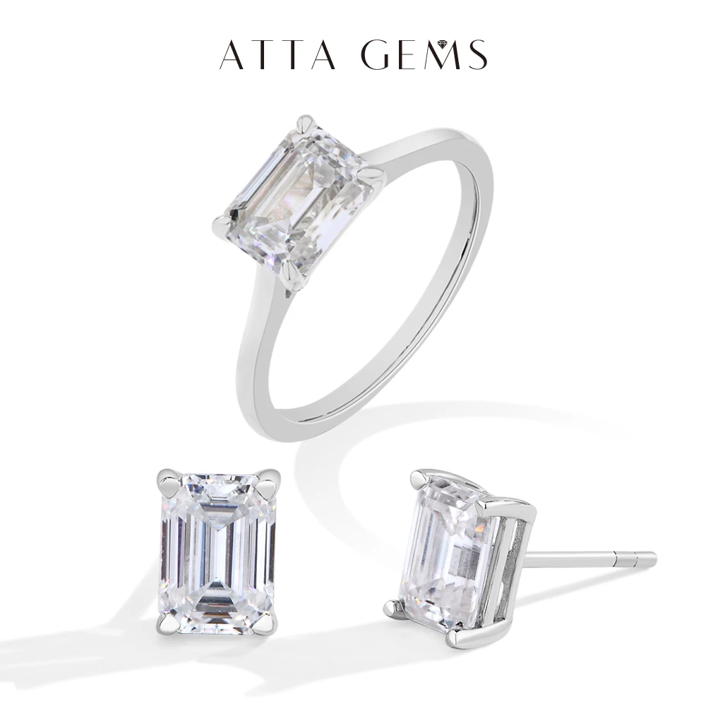 

ATTAGEMS Emerald Cut Moissanite Jewelry Set for Women Men 2.0CT Diamond Ring 1CT Stud Earrings S925 Sterling Silver Wedding Gift