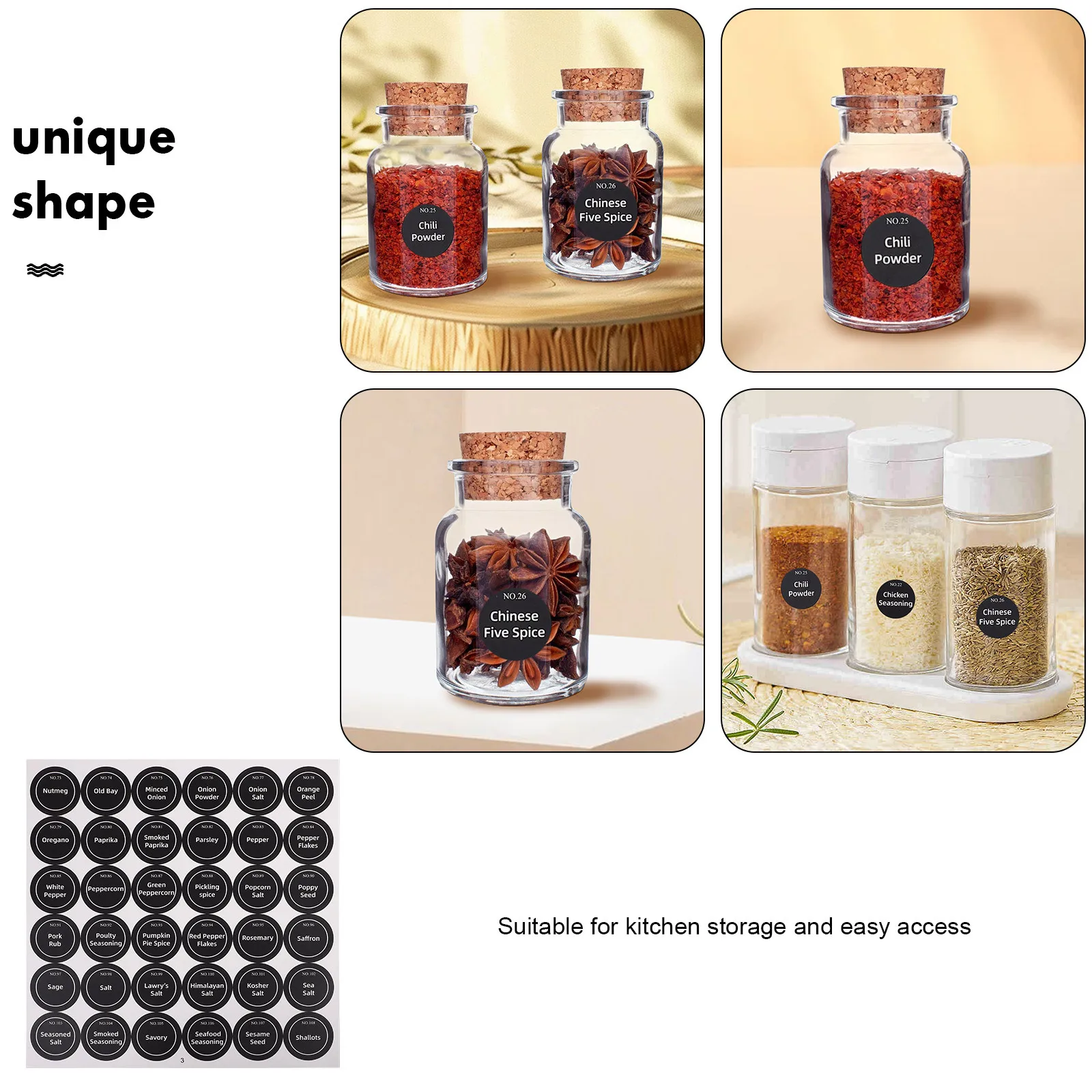 20 Sheets Waterproof Round Spice Jar Labels Preprinted English Stickers Kitchen Seasoning Jar Organizer Labels