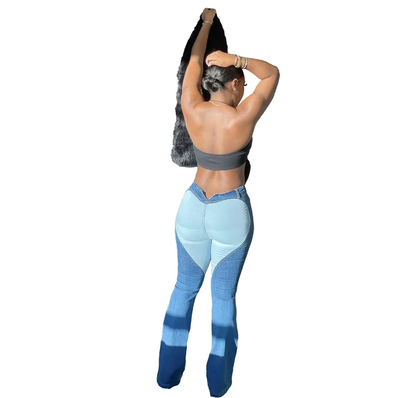 

Casual Easy Matching Fashion Heart Splicing Contrasting Colors Jeans Women Slim Straight Cotton Denim Pants Trousers Streetwear