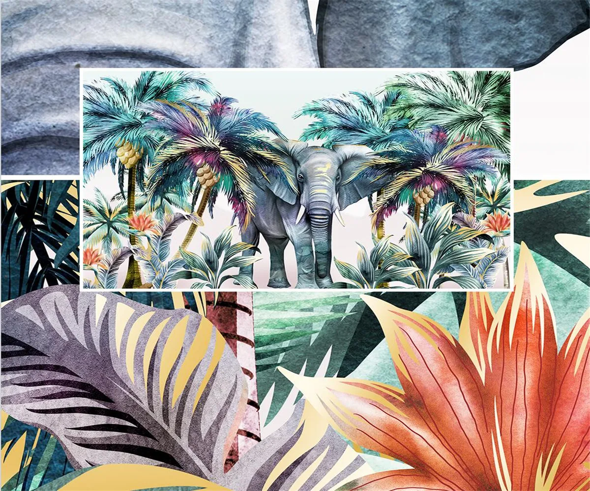 Custom wallpaper hand painted forest animals tropical plants elephant coconut tree photo wallpaper decoration chambre mural