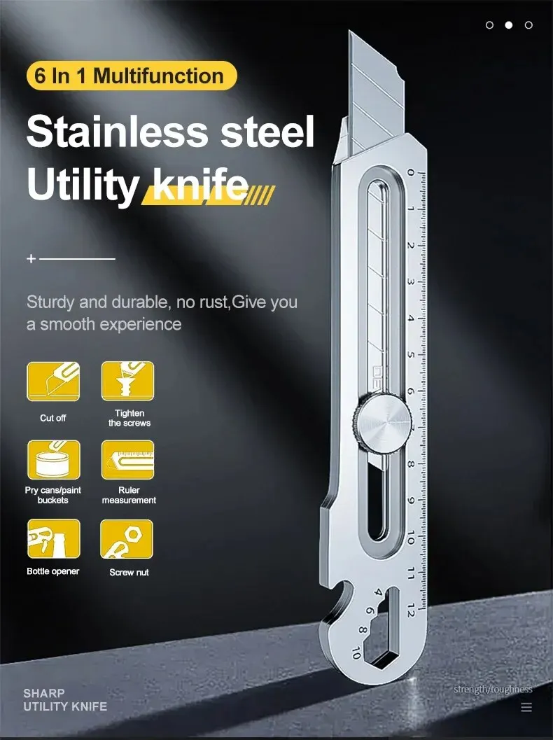 Neues Allzweckmesser aus Edelstahl, Tapetenmesserhalter aus Stahl, langlebig, robust, schnell schneidend, manuelle Sperre für bequemen Halt – Detail 2