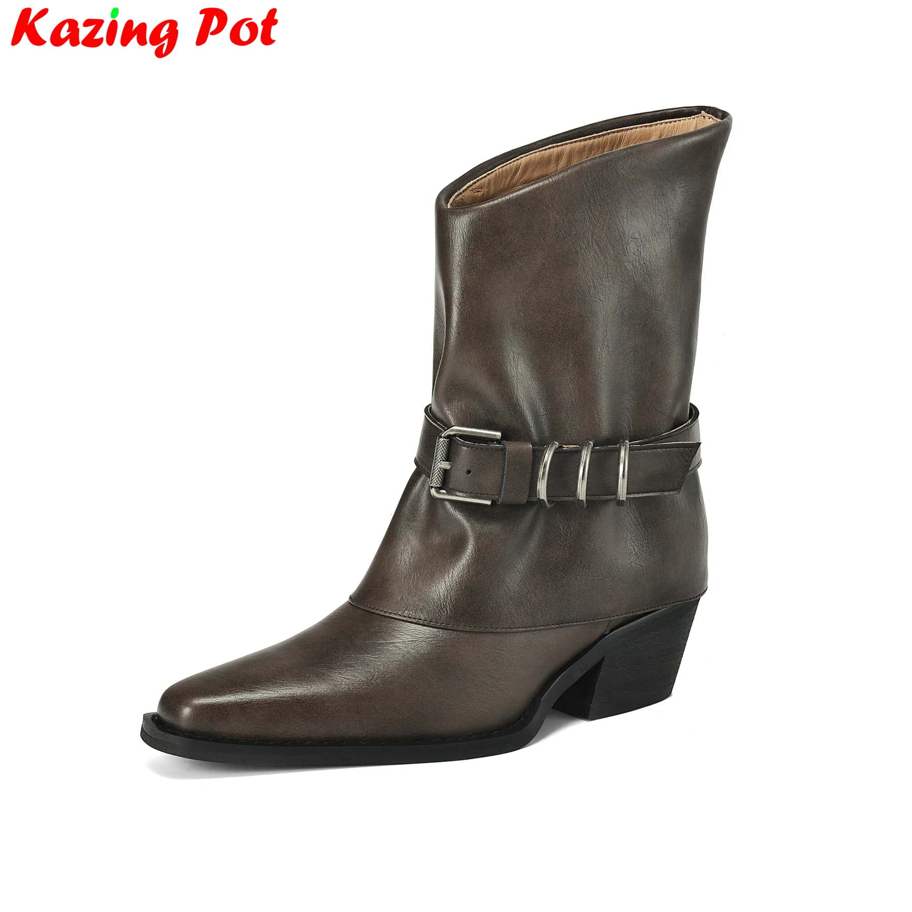 

Krazing Pot Cow Leather High Heels Belt Buckle Modern Stretch Boots Winter Warm Shoes Casual Slip On Dress Women Mid-calf Boots