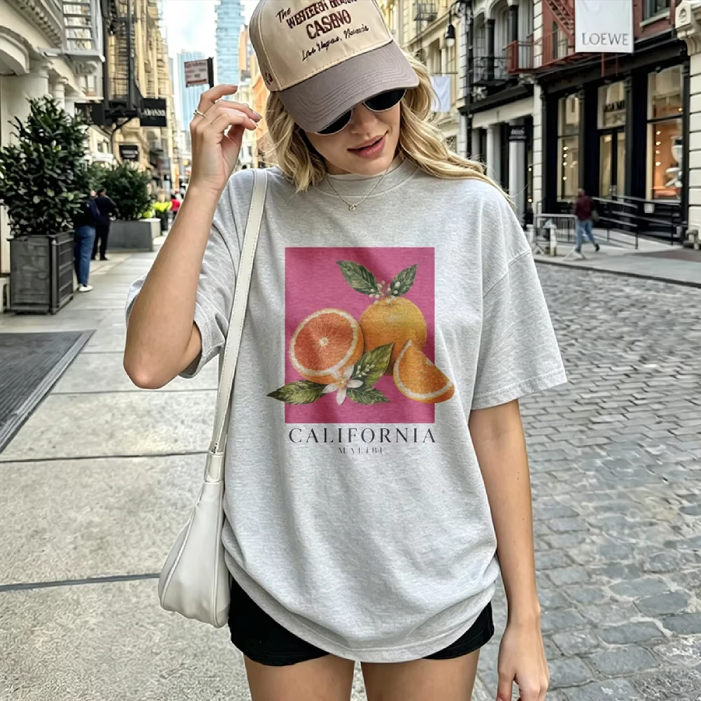 Vintage Orange Fruit Graphic Pink Background California Text Gray Crewneck Short Sleeve Shirt Y2k Top High Quality Cotton Tees