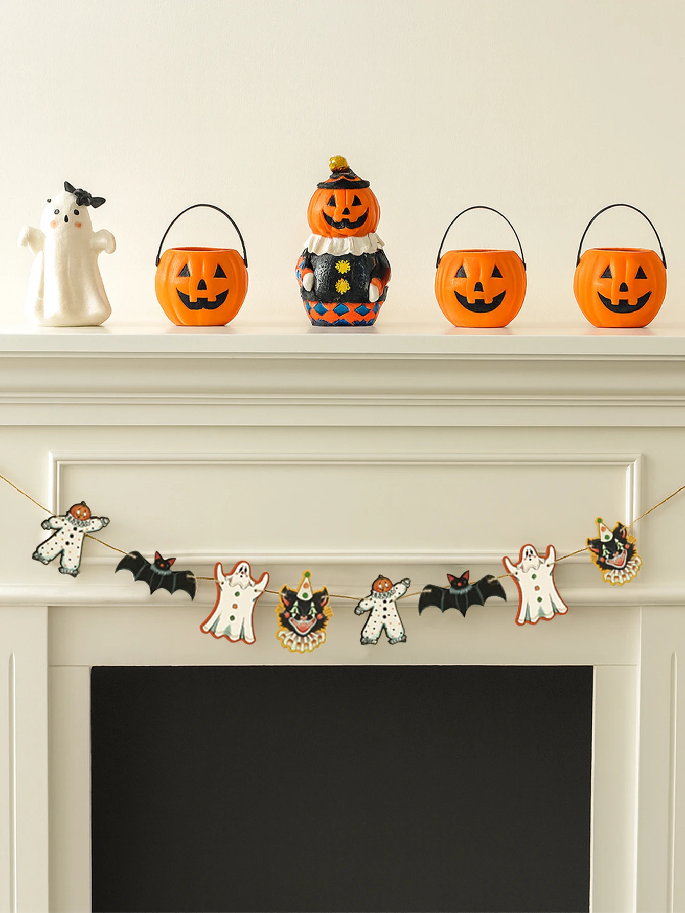 1pc Cute Halloween Garland Banner Wooden Black Cat, Ghost, Pumpkin & Bat Shape Wall Hanging Decor for Home Party and Fireplace
