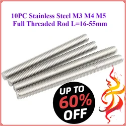 10pc DIN975 M3 M4 M5 Threaded Rod Full-Thread Bar 304 Stainless Steel Fasteners Silver L=16-55mm  30mm 40mm 50mm 20MM 25MM