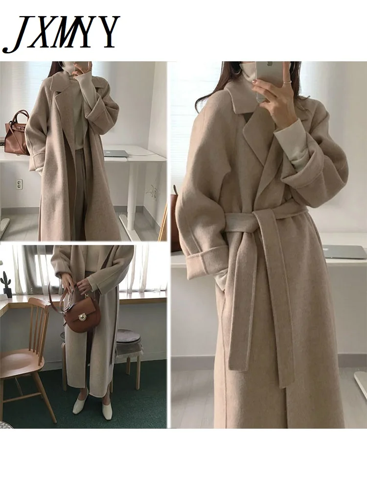 JXMYY French Lazy Style Warm Female Fresh Winter 2023 Classical Belt Retro Loose Women Woolen Coats Chic Casual Long Coat Long