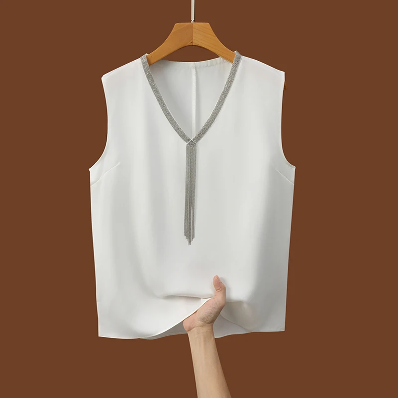 2025 ฤดูใบไม้ผลิฤดูร้อน Camisole ใหม่แฟชั่น OL เสื้อ V คอพู่แขนกุดผู้หญิงเสื้อกั๊ก
