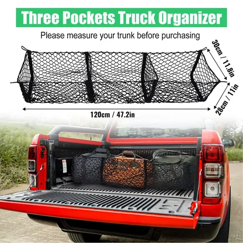 Imagen 2 del producto Red de carga de 3 bolsillos, organizador de almacenamiento de maletero elástico, soporte de equipaje resistente con Kit de montaje para camioneta SUV y furgoneta