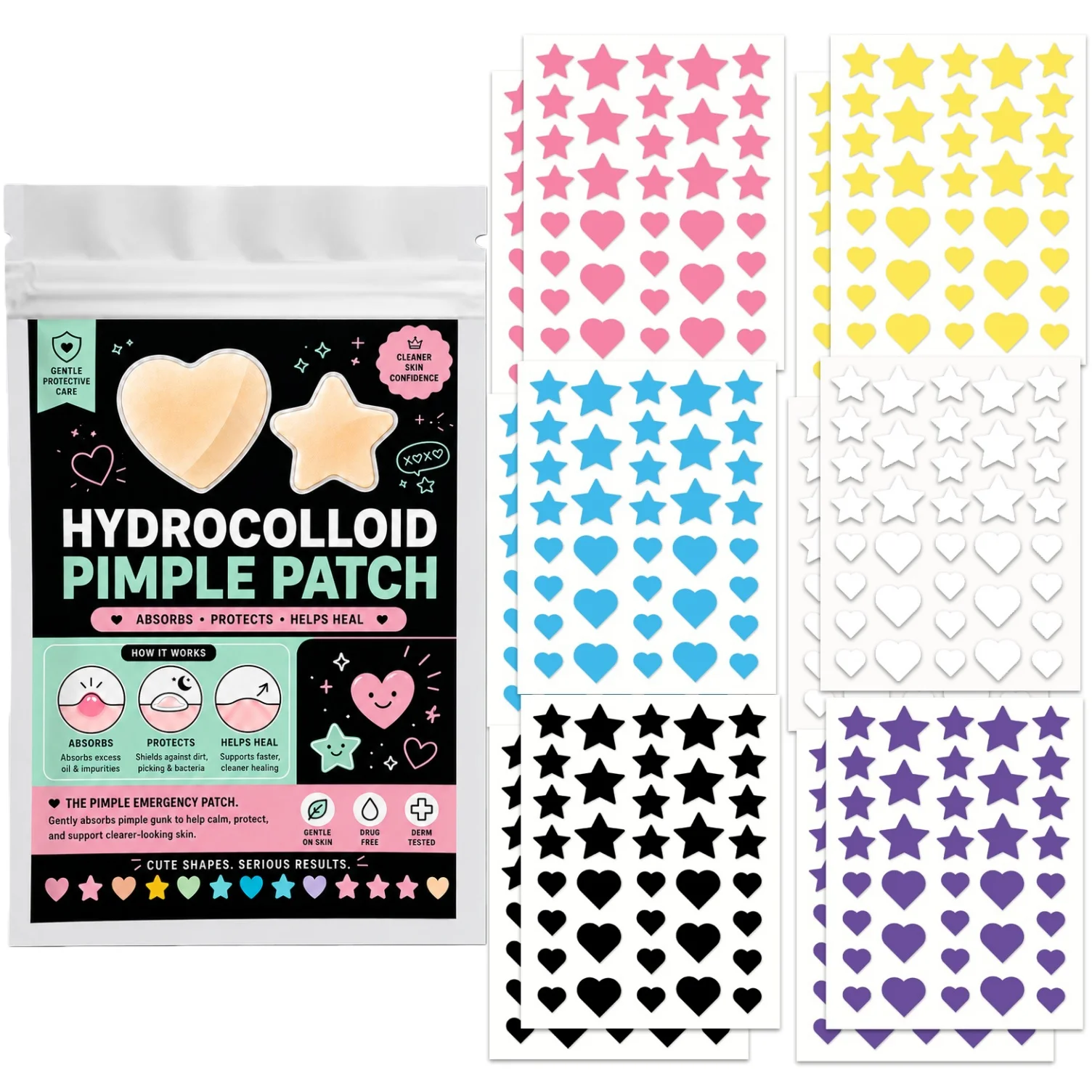 216/432Pcs Cute Star & Heart Hydrocolloid Facial Patches, 8 Colors Invisible Blemish Cover Stickers, Gentle Skin Care, Day & Nig
