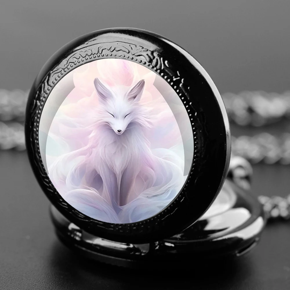 New Cute Pink Fox Design Glass Dome Vintage Quartz Pocket Watch Men Women Pendant Necklace Chain Clock Hours Watch Jewelry Gifts