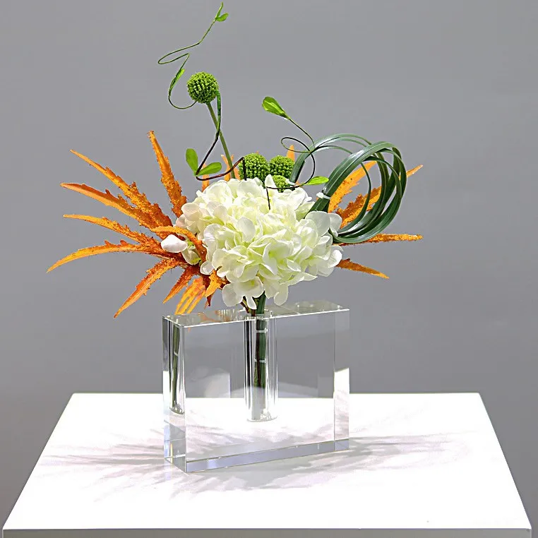 Modern Minimalist Square Block Clear Crystal Flower Vase Desktop Floral Container For Dining Table Entrance Showroom Decoration