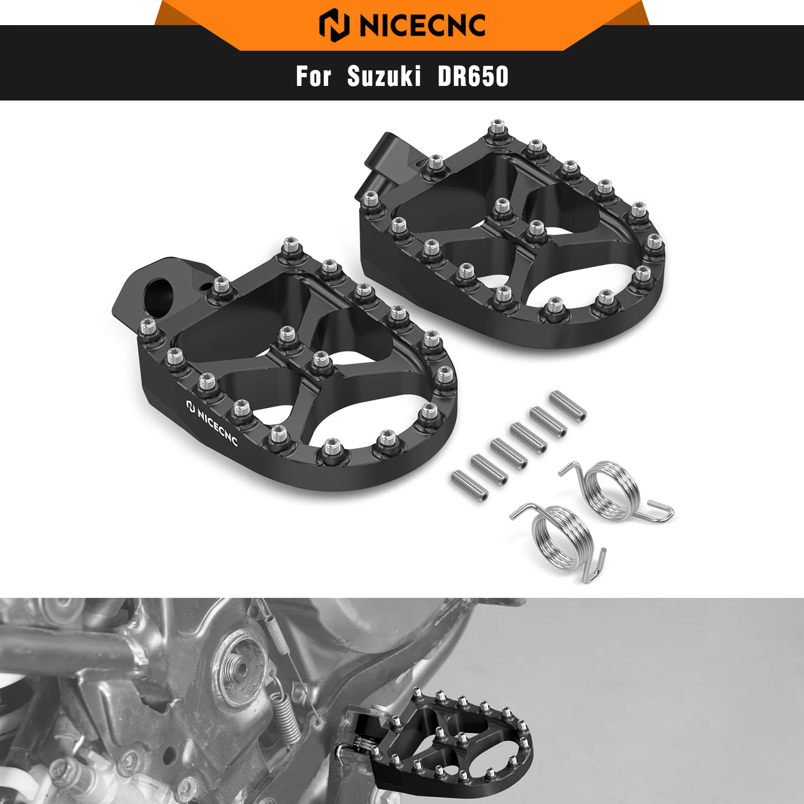 

For Suzuki DR650 S DR650 SE 1996-2024 NICECNC Enlarged Wide Foot Pegs Footrests Pedal DR650 2023 2022 2021 2020 2019 2018 2017