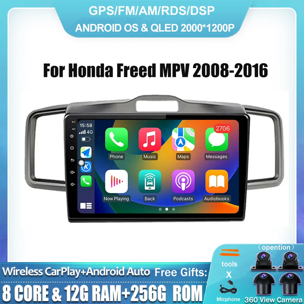 10.1'' IPS Car Carplay Radio Multimedia Video Player Android 14 GPS Navigation Stereo NO DVD For Honda Freed MPV 2008-2016