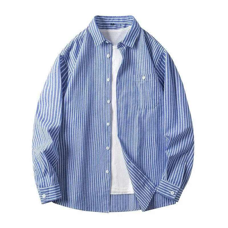 

Осеннее осеннее пальто в стиле ретро, модная полосатая свободная японская рубашка с длинными рукавами, мужская повседневная свободная рубашка