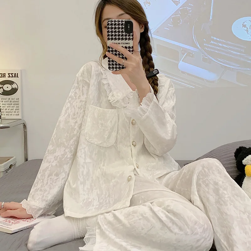 Sweet White Lace Velvet Pajamas Set Autumn Winter Women Sleepwear Trouser Suit Velour Loungewear Pyjama Loose Homewear Lingerie