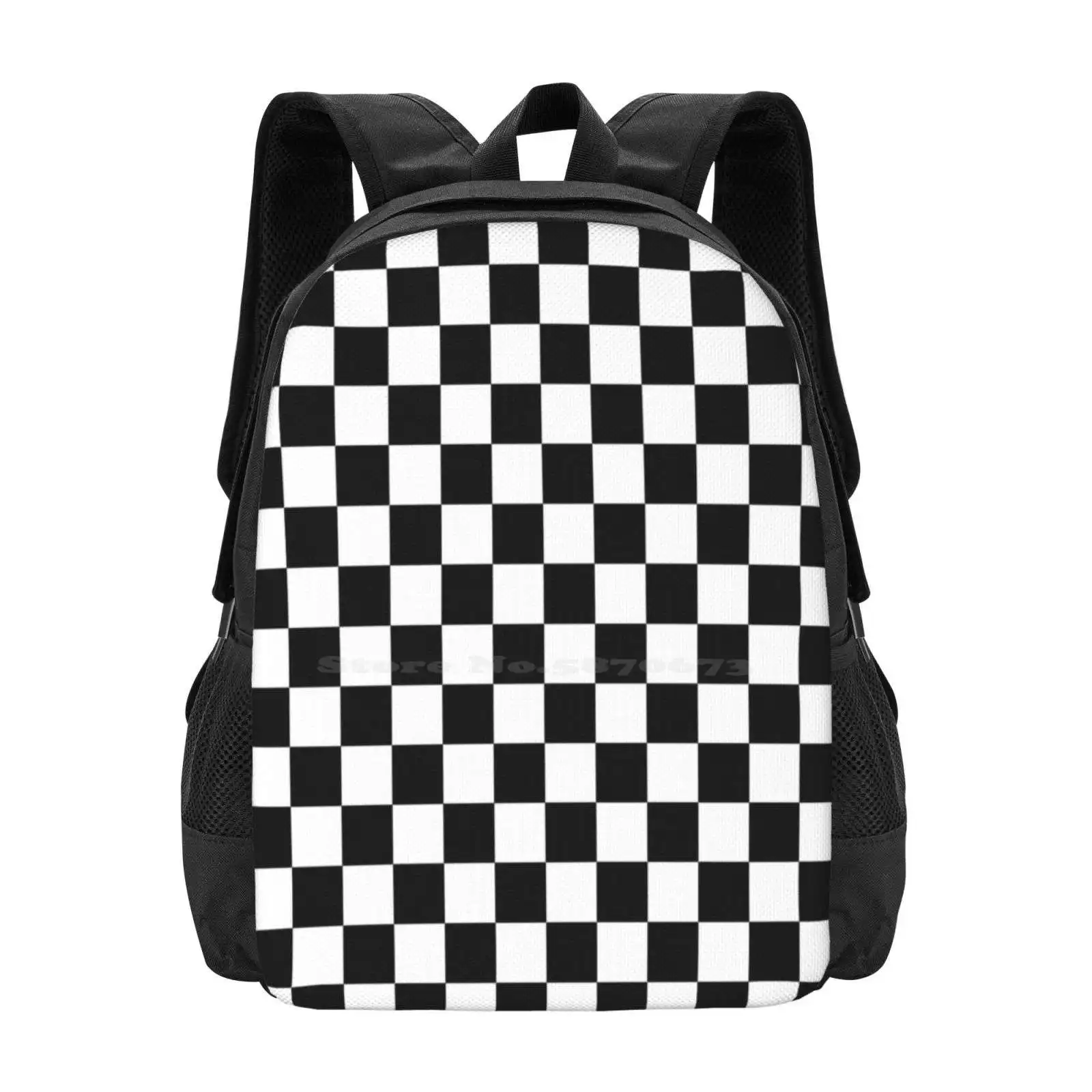 Checkerboard Pattern ( Black / White ) 3D Print Design Backpack Student Bag Black White Checkered Checkerboard Chess Racing