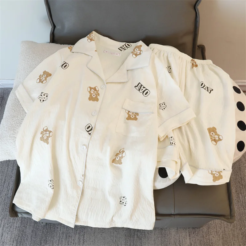 2XL Fun Letter Bear Print Pajamas for Women Cartoon Sweet Cute Casual Women 2 Piece Set Homewear Simple Sleepwear Pajamas Set