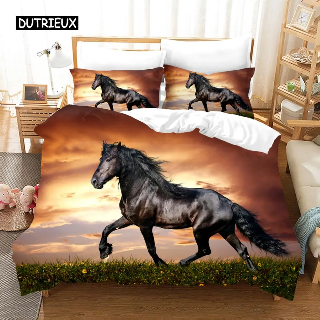 

Duvet Cover Running Horse Bedding Set Animal Duvet Cover Soft Comforter Grassland Queen Size for Decor Boy Teens Adult Bedroom