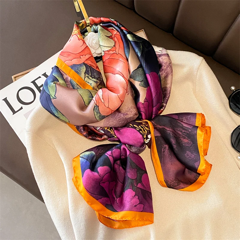 Fashion 180x90cm Satin Silk Scarf Women Luxury Large Shawl Wrap Muslim Hijab Headband Beach Stoles Female Bandana Foulard Turban